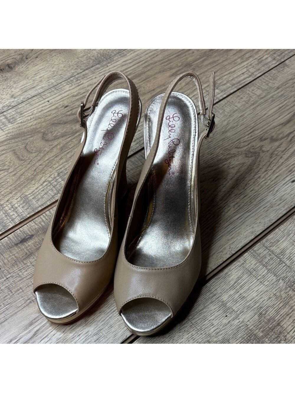 Lilly Pulitzer Kristin Peep Toe Slingback Wedges in a Natural Beige Size 9.5